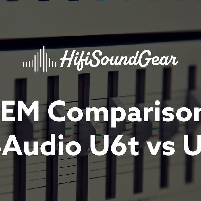 image with audio equipment in background, hifisoundgear logo, iem comparison 64audio u6t vs u4s