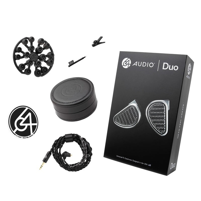 64 audio duo box and accessories laid out on white background