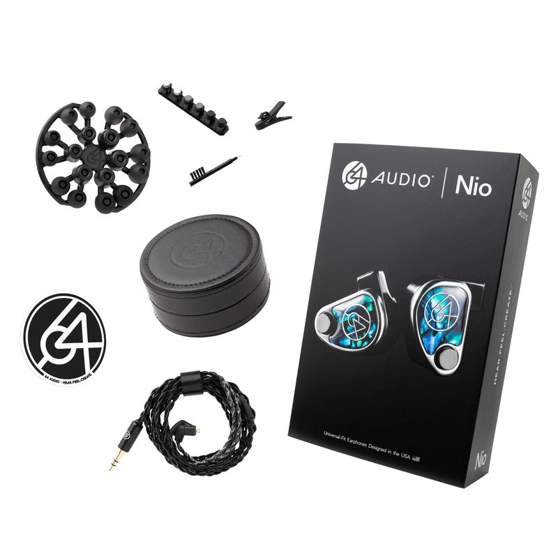 64 audio nio box and accessories laid out on white background