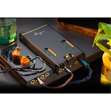 cayin c9ii portable headphone amplifier with a dap and iems