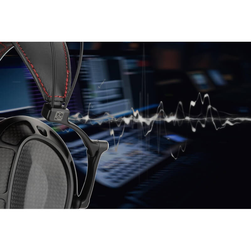 dan clark audio stealth headphones corner view with waveform background