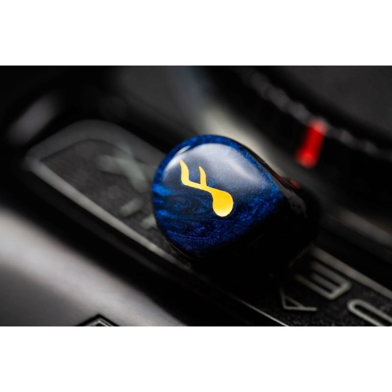 fatfreq maestro mini iem blue faceplate with yellow logo close up