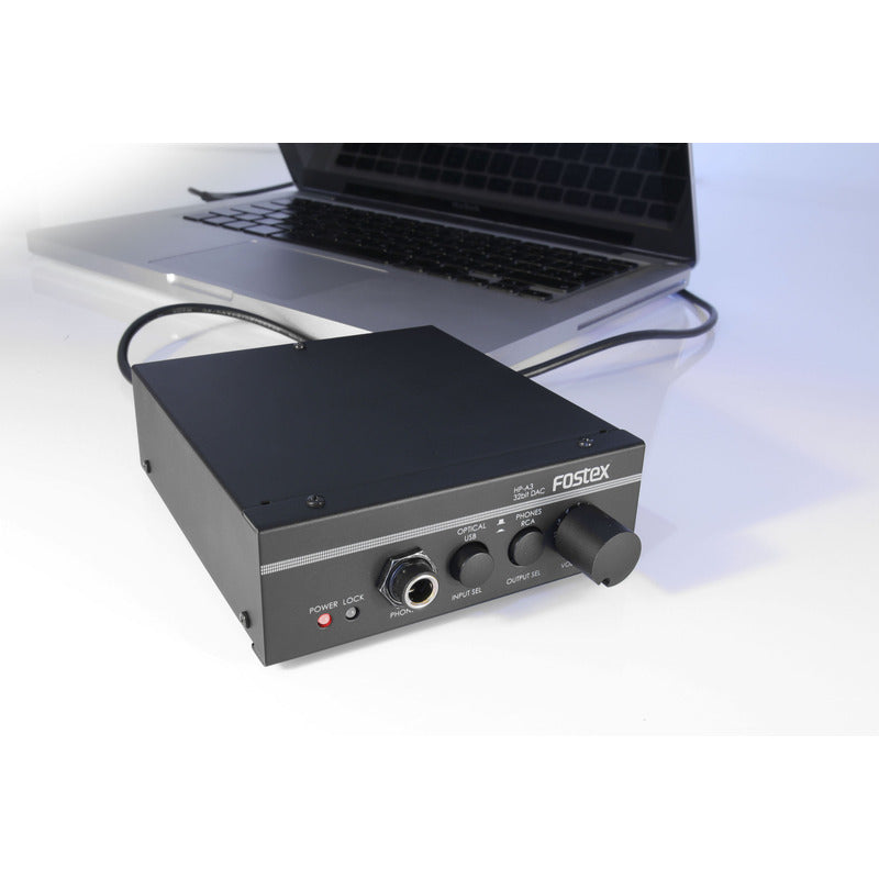 fostex hp-a3 dac amp in front of a laptop