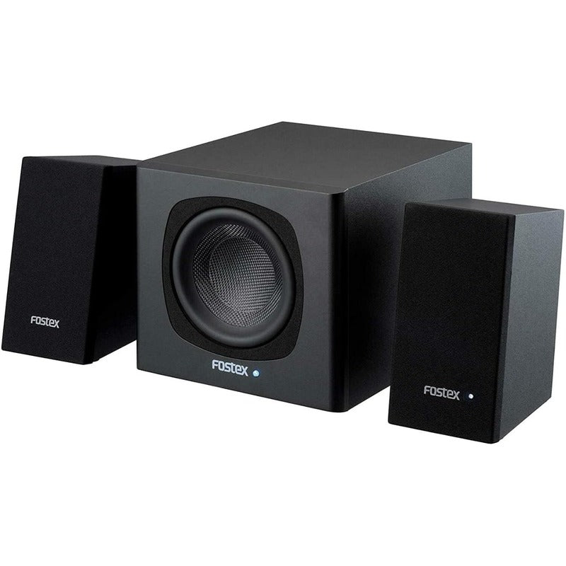 fostex pm submini2 subwoofer front view with active speakers