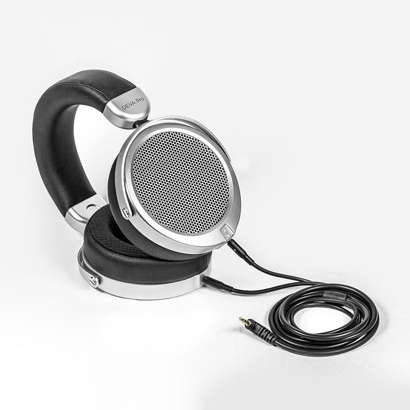 hifiman deva pro headphone tilted view with coiled cables attached