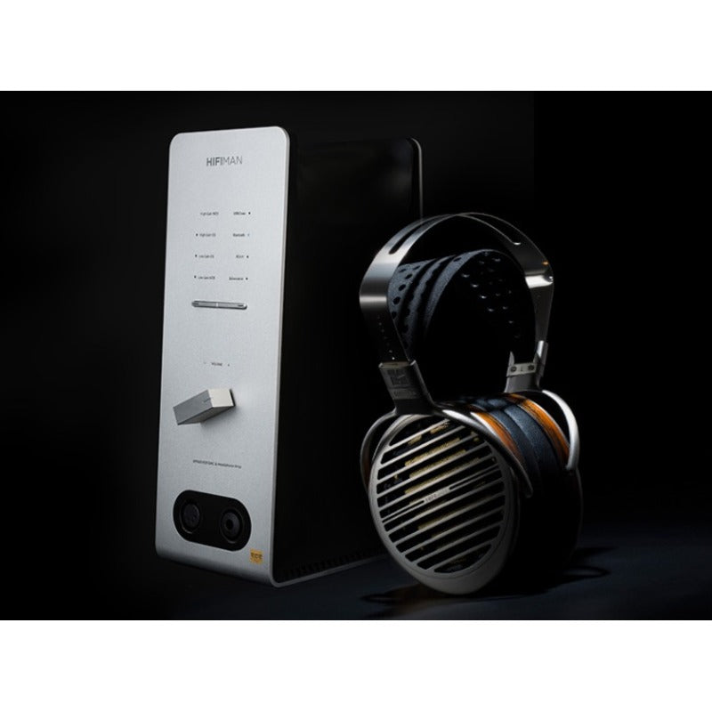 hifiman ef600 dac amp quarter view with hifiman headphones