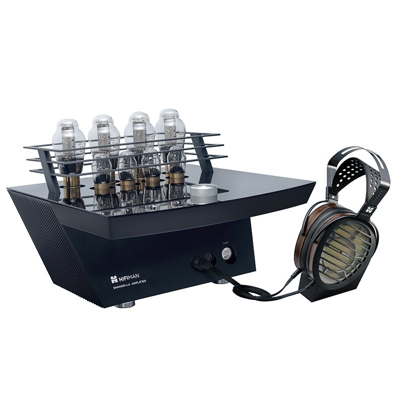 hifiman shangri-la sr headphone beside tube amplifier