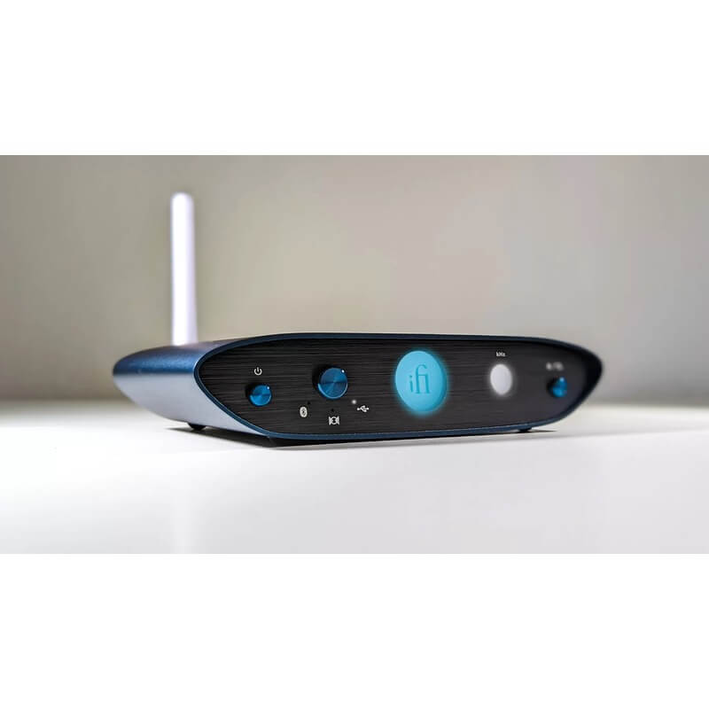 ifi audio zen one signature dac front corner view with blue led
