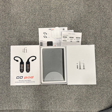 ifi audio Go Pod product packaging on a gray surface