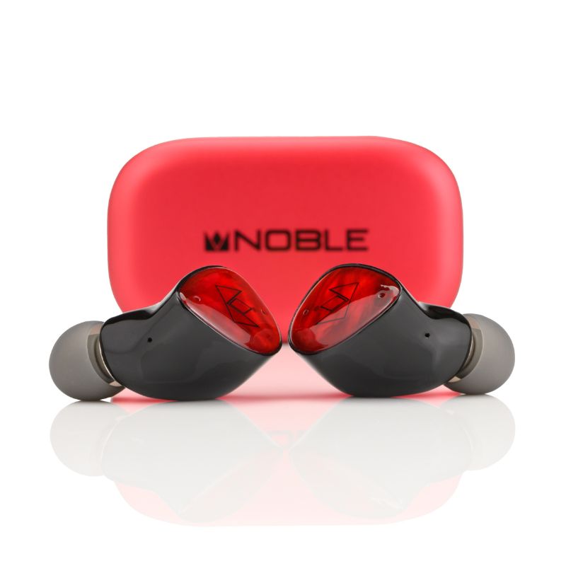 noble audio fokus amadeus front angled view with red charging case