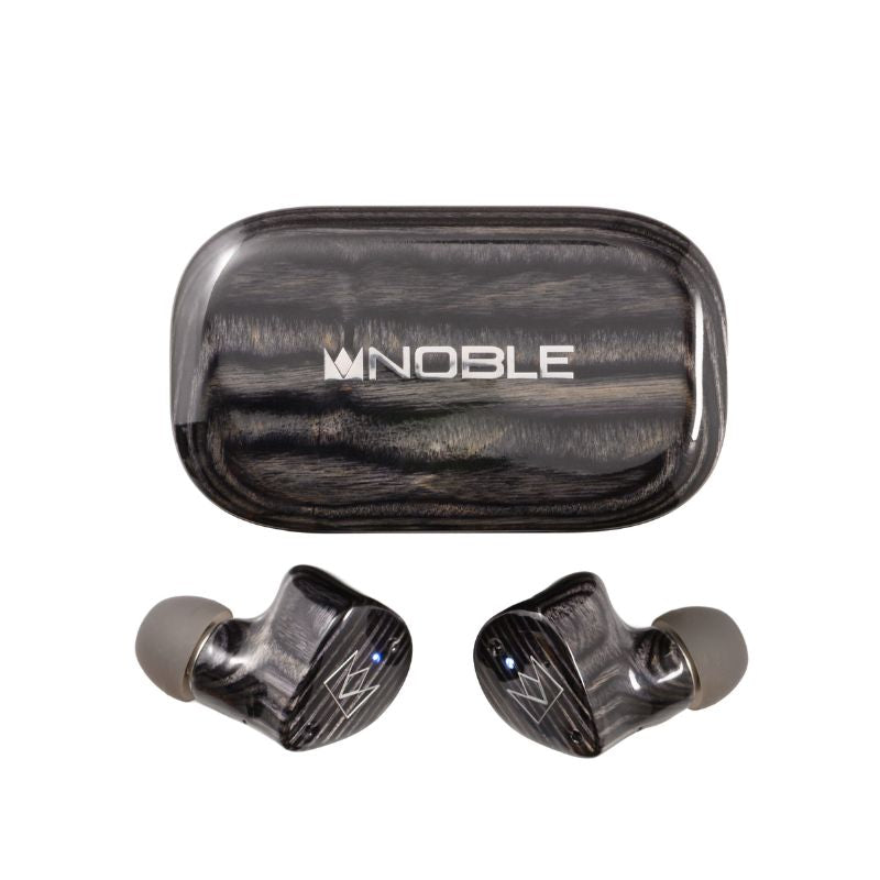 noble audio fokus prestige encore black case and earbuds angled