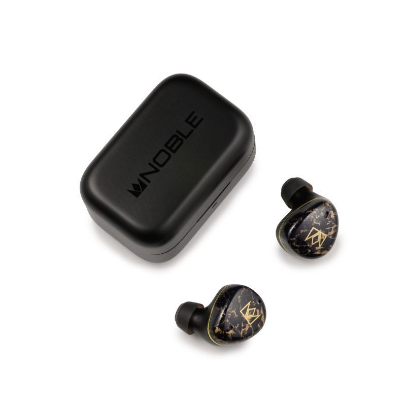 noble audio fokus rex5 black closed case and earbuds tilted top view