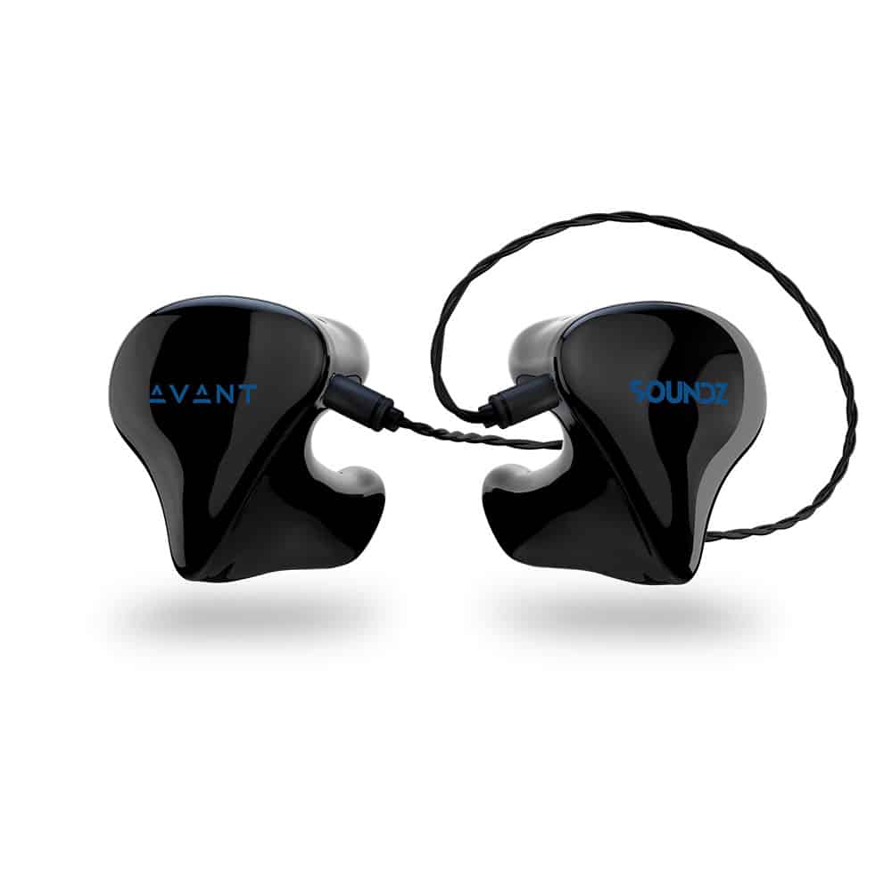 soundz avant universal in ear monitor front view in black with cable attached